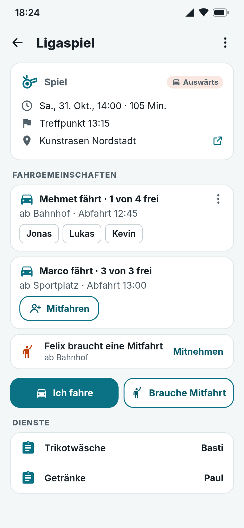 Auswärtsspiel mit Fahrgemeinschaften: zwei Fahrer mit freien Plätzen, ein Mitfahr-Gesuch, Knöpfe „Ich fahre“ und „Brauche Mitfahrt“