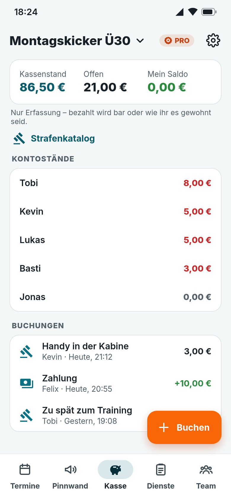 Mannschaftskasse: Kassenstand, offene Beträge, Kontostände je Mitglied und die letzten Buchungen