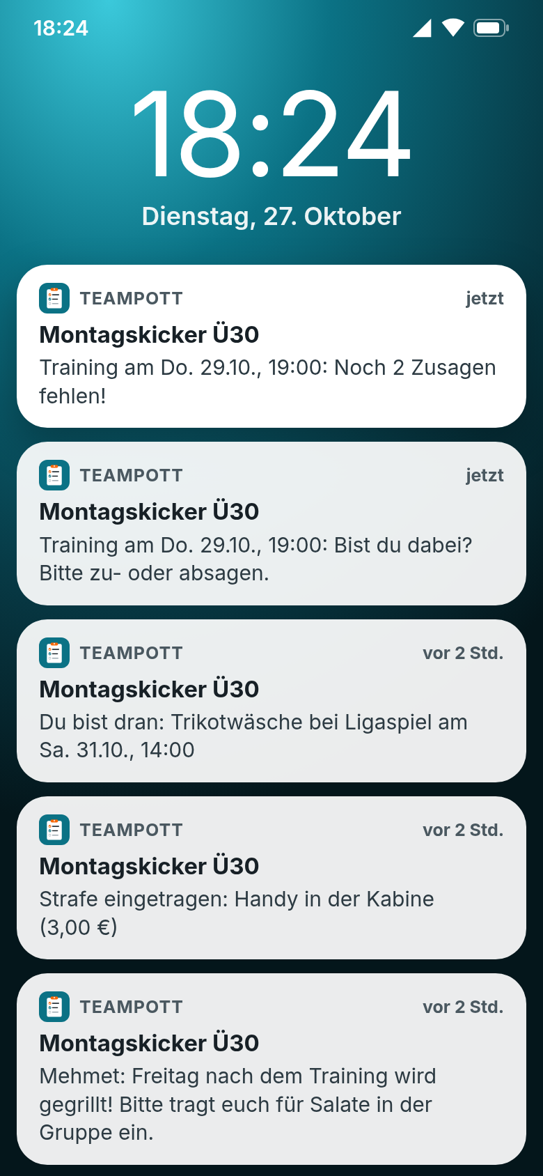 Sperrbildschirm mit Teampott-Nachrichten: Noch 2 Zusagen fehlen, Erinnerung ans Zusagen, Dienst, Strafe und Pinnwand