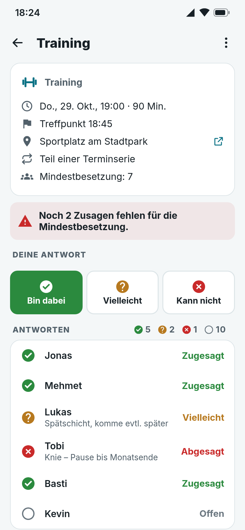 Termin-Details: Training am Donnerstag, Mindestbesetzung 7, Hinweis „Noch 2 Zusagen fehlen“, darunter alle Antworten mit Gründen